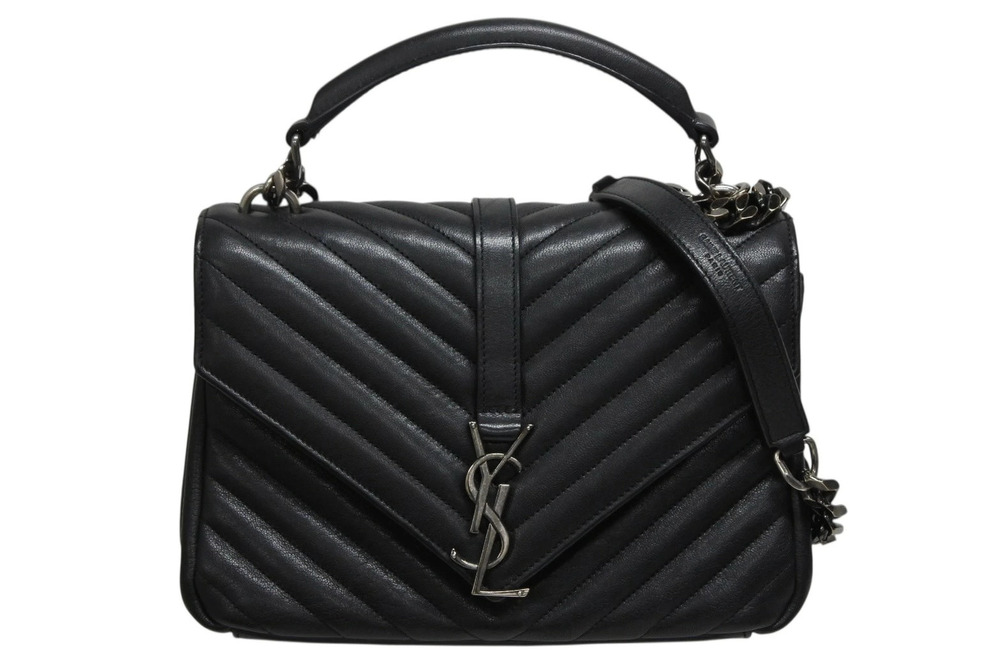 Saint Laurent College Chain Shoulder Bag Handbag L Black Gunmetal Gray